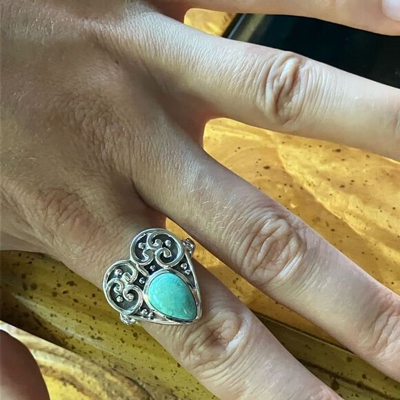 Natural Royston Turquoise Sterling Silver Heart Ring Size 9 - Picture 4 of 8